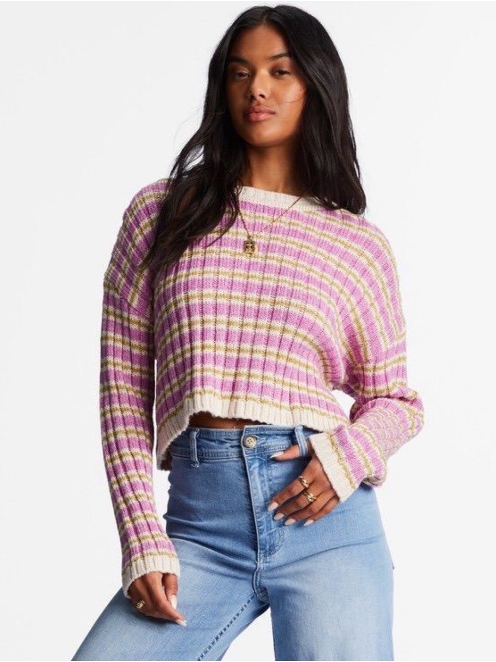 Billabong Cropped Striped Knit Sweater Size S Pink Cream Long Sleeve